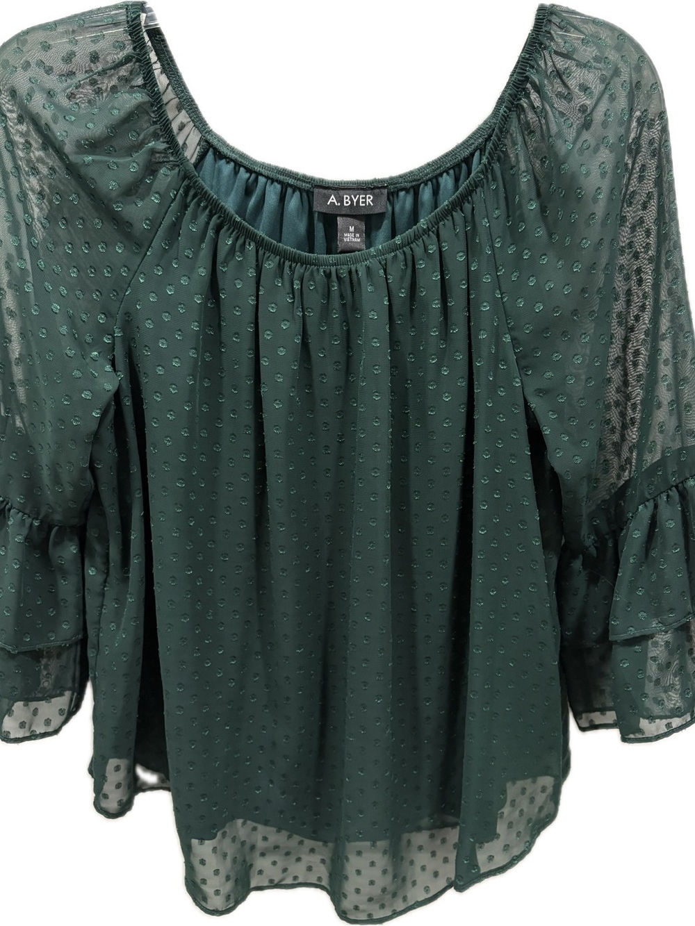A. Byer Swiss Dot Ruffle Sleeve Boho Blouse Hunter Green Size Medium